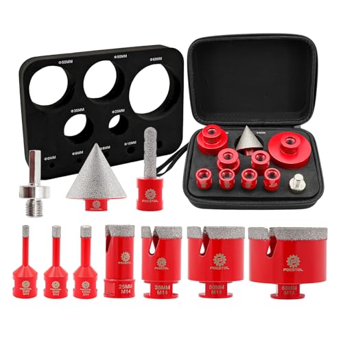 FOCSTOL Foret Diamant Carrelage Kit - 10 pièces (6/6/8/25/35/50/68mm+10mm Fraise+50mm Mèches Chanfrein Biseautées+Adaptateur) Scie Cloche Diamantée pour...