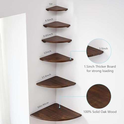 Image of Corner Shelf, Solid Oak Wood Floating Corner Shelf Wall Mount Round End Floating Speaker with Wire Hole for Small Plant Photo for Bedroom Kitchen, Living Room Walnut