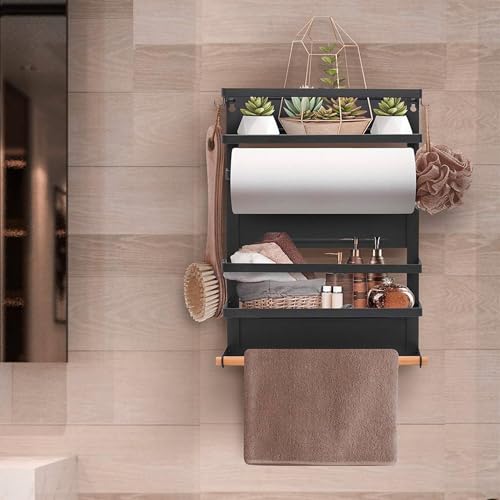 Image of Kuber Industries 2 Tier Iron Fridge Side Rack with 3 Towel /Tissue Holder & Hooks Hanger Magnetic Kitchen Organizer Shelf for Refrigerator | Black