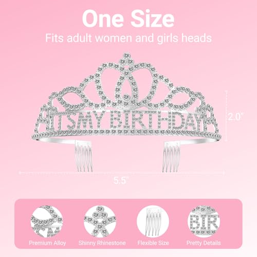 Birthday Tiara and Crown with Sash, Birthday Tiara for Women Party Silver