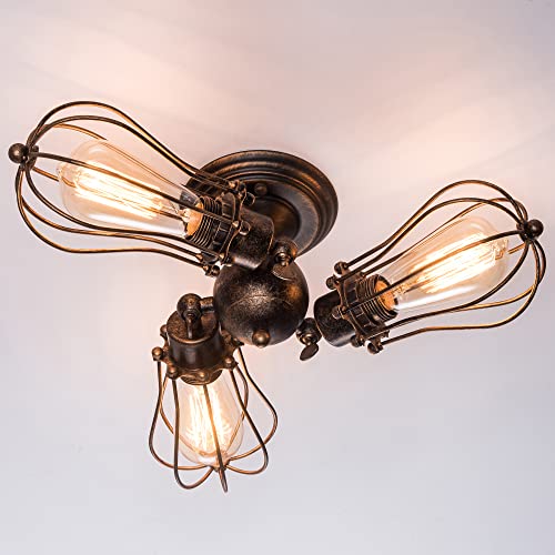 Industrial Flush Mount Ceiling Light Fixture, Rustic Rotatable Ceiling Lighting in Golden Bronze, Vintage 3-Light Wire Cage Sconce Wall Lighting for Farmhouse Bedroom Living Room Café, 1 Pack