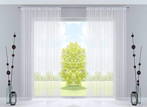 2er Set Fadengardine, HxB 250x300 cm, Weiß Lurex mit Tunneldurchzug und eingenähtem Kräuselband, geeignet für Gardinenstangen und Gardinenschienen Fadenvorhänge Fadenstores Raumteiler, 20303CN2
