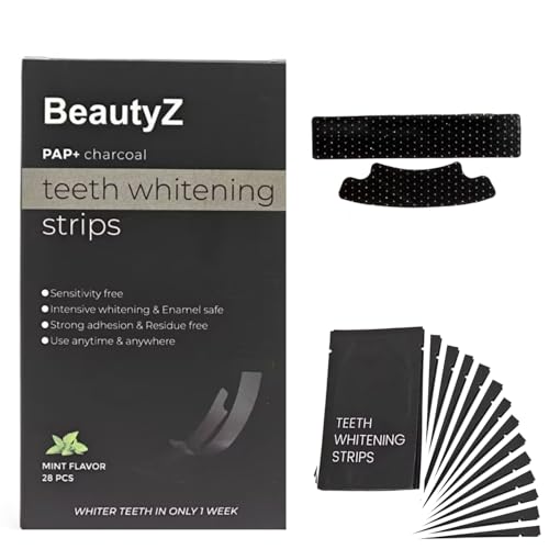 BeautyZ Teeth Whitening Strips for Sensitive Teeth Pap+ Charcoal Peroxide Free & Enamel Safe 28 Mint Strips 14 Day Supply Fast Gentle Whitening at Home No Sensitivity