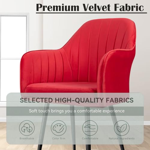 Image of Velvet Accent Chair | Luxury Upholstered Armchair with Sturdy Metal Legs | Modern Comfortable Chair for Living Room, Bedroom, Office, or Cafe (Black Legs, Red)