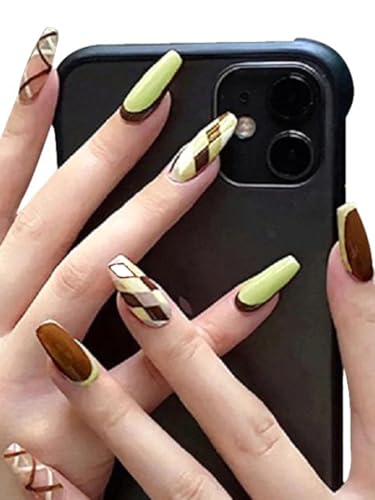 Image of Secret Lives Acrylic Fake Reusable False Artifical Press On Nails Pastel Green & Brown Color Combo 24 piece with kit