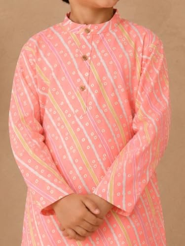 Image of superminis Cotton Boys Sanganeri Lehariya Printed Kurta Set with White Pyjama Elastic Closure