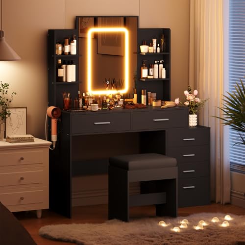 GAOMON Vanity Desk with Light, Makeup Vanity Set with 6 Drawers and Shelves, White Vanity with Charging Station, Vanity with Stool & 3 Lighting Color Adjustable