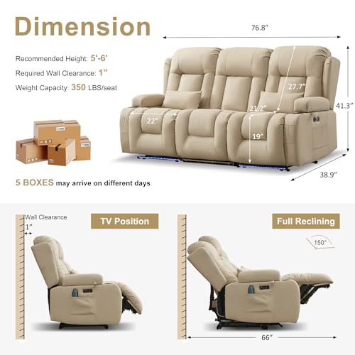 Image of URRED Power Loveseat Recliner Sofa with Massage and Heat, Wall Hugger Reclining Loveseat with Console, RV Couch Home Theater Seating with LED Lights for Living Room (Beige, 76.8 inch - 3 Seats)