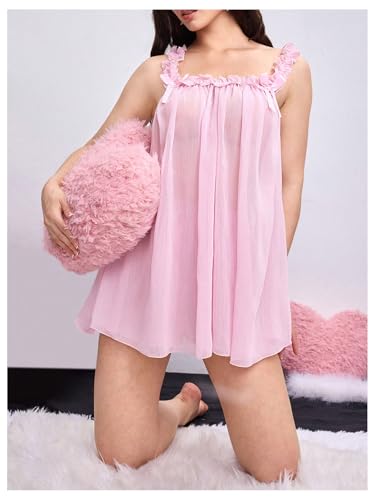 Image of MakeMeChic Women's 2 Piece Lingerie Mesh Cute Valentine Pajama Set Ruffle Bow See Through Vintage Nightgown Sleepwear