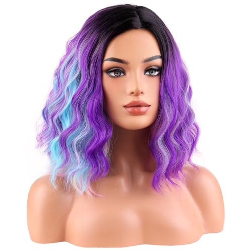 Image of BERON Black Ombre Purple and Blue Short Curly Wave Women Wigs Girls Purpla Mixed Pink and Blue Rainbow Shoulder Length Wavy Synthetic Wig for Cosplay Costume Party or Daily