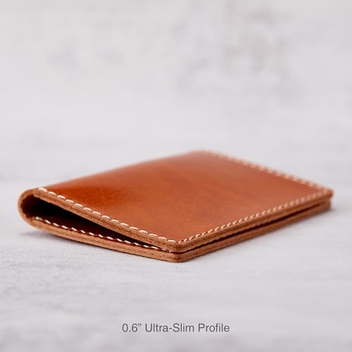 Image of HISCOW Italian Full Grain Leather Slim Card Holder, Minimalist Vegetable Tanned Leather Business Card Case for Men, Ultra-Thin Bifold Front Pocket Wallet, Cognac