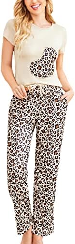 HOTOUCH Women's Valentines Day Pajama Set O-Neck Sleepwear Casual Loose Loungewear Soft Pjs (Khaki Leopard,XXL)