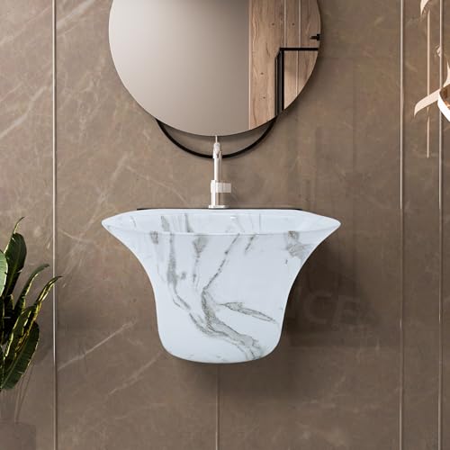 Image of REMANENCE Luxury Wall Mount Half Pedestal Wash Basin for Bathroom | Designer Wall Hung Basin | Wall Mounted Washbasin for Resturent, Hotels (16 x 16 x 11 Inch) (Designer Grey)