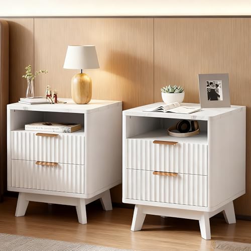 Image of Fluted Nightstand with 2 Drawers, 18 inch Modern Night Stand with Faux Marble Top, Open Storage Shelf, Curved Edge Bedside Table for Bedroom, End Side Table (2, White)