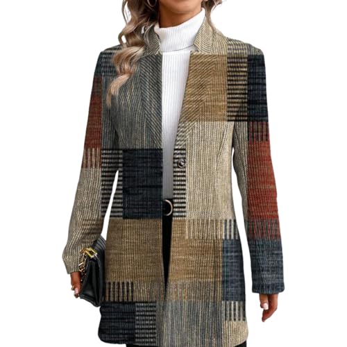 LOZ Women's Vintage Brown Plaid Mid-Long Pea Trench Coats 2025 Fall Winter Single Breasted Stand Collar Jacket Outwear