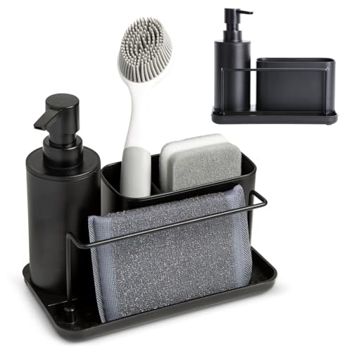 Kook Time - Dispensador Jabón Cocina plástico Negro Mate - Organizador de Fregadero con Compartimento para Estropajo y cepillos y Soporte para bayeta - dosificador jabon Cocina - 21x12x19 cm.