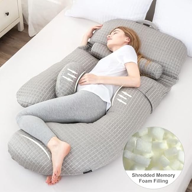 Cooling Pregnancy Pillow, U-Shaped Body Support Maternity Pillow, Memory Foam Filling, Washable & Removable Ice Silk Cover(Cool-Grey, 54 Inch)