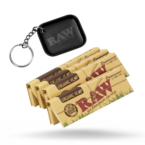 RAW Organic Connoisseur 1.25 1 1/4 Rolling Paper with Tips 4 Pack + Especial Edition RAW Tiny Matte Black Murderd Tray Key Chain