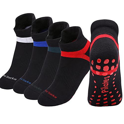 POKEAT 4Pair Yoga Pilates Socks Women Men Sport Terry Cotton Anti Slip Compression Fitness Gym Dance Playground Floor Ankle Sock,L