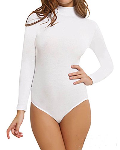 COMMENCER Fashion Women Basic Solid Stretch Long Sleeve Leotard Bodysuit One-Piece Assorted White-M/L
