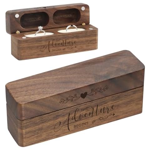 Malihome Wooden 2 Ring Flip Box for Wedding, Rustic Vintage Engraved Walnut Solid Wood Jewelry Storage Box Ring Holder (Brown Rectangle) Cover