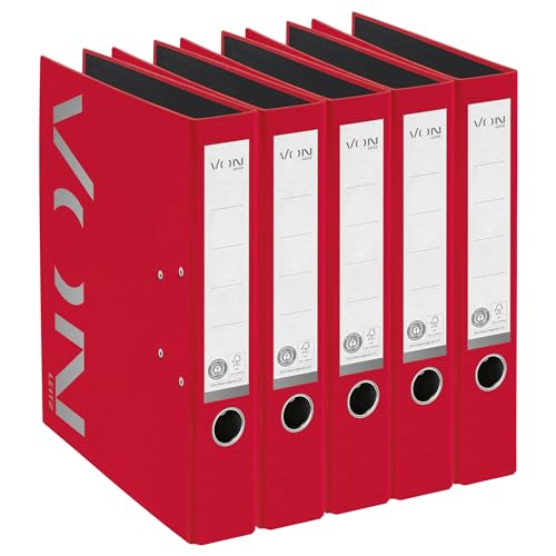 VON Leitz 5er Pack Ordner A4, 100 % Recyclingpapier, 50 mm Rückenbreite, Für 350 Blatt, Blauer Engel & FSC-zertifiziert, Für Schule, Studium & Haushalt, Rot, 10580025