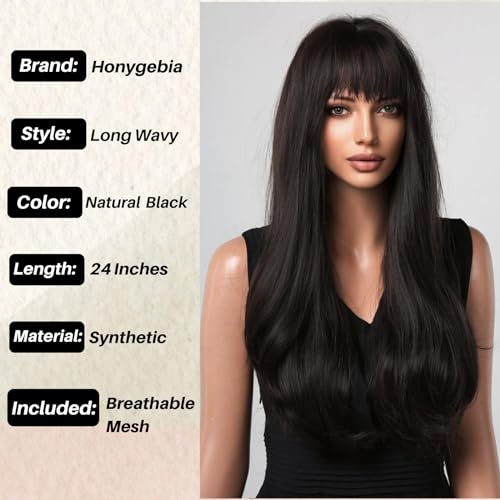 Honygebia Black Wig with Bangs, Natural Black Wigs for Women Long Straight Wavy Synthetic Hair - Image 3