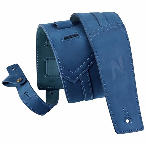 Nefelibata 3 Gitarrengurt, Vollnarbenleder, mit Schaumstoffpolsterung und Kabelaufbewahrungsschlaufe, für Bass, elektrische und akustische Gitarren（Blau）