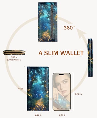 Image of Immaturus Firefly Womens Wallet RFID Blocking Slim Thin Credit Card Holder | Long Bifold, 11 Card Slots, Cash Purse, Zipper Coin Pocket, Travel Clutch Billfold, PU Leather, ID Window, Ladies Woman Gift