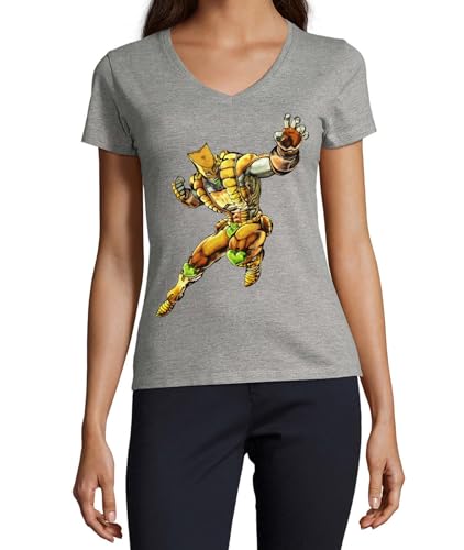 T-shirt anime pour femme col v coton gris vetement manga décontracté