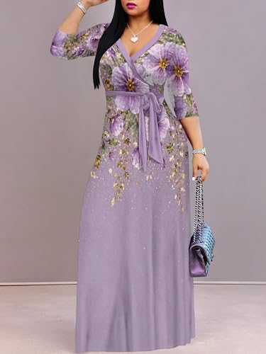 Image of PinkPatty Plus Size Maxi Dresses for Women Casual Flowy Long Dress 3 /4 Sleeve V Neck Wrap Dress with Belt