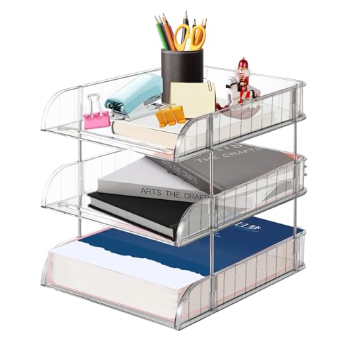 3 Tier Stackable Paper Trays, Clear Acrylic Stackable Letter Tray, Stackable Document Organizer for Desk, A4 Paper Sorter for Office, Home or School