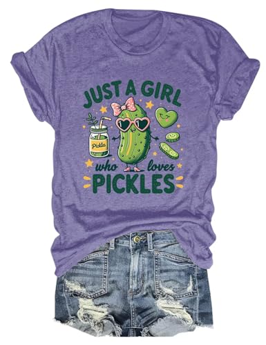 Pickle Shirt, Just A Girl Who Loves Pickles T-Shirt Girls Short Sleeve Printed Tees Casual Graphic Tops Crewneck