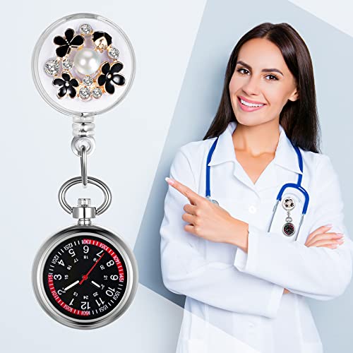 Image of Lancardo Retractable Nurse Watch Clip On Pearl Flower Patterns Badge with Secondhand Stethoscope Lapel Fob Pocket Watch Doctor Nurse Watch for Women and Men Nurses Day