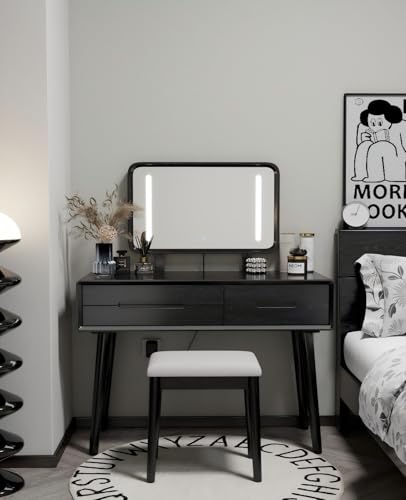 Image of KungFuWood 40 inch Solid Wood Makeup Vanity Desk with 3 Lighting Modes Color Dimmable LED Mirror, 3 Drawers Storage Vanity Table, Dressing Table for Bedroom, Black。