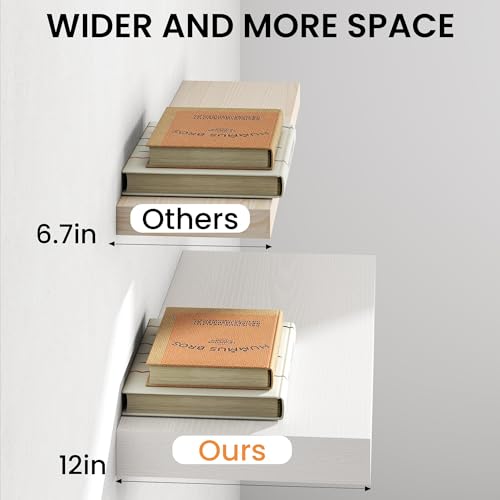 Image of Fun Memories 12 Inch Deep White Floating Shelf, 24 x 12 Rustic Wood Wall Shelf for Books, 2 inch Thick Deep Floating Shelf for Storage & Display in Kitchen, Living Room, Bedroom, 2 Packs