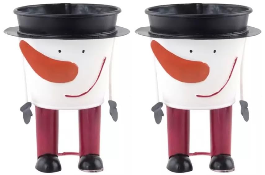 Muddy Hands Set of 2 - Christmas Snowman Metal Tin Plant Pots Planters Cover Stand Holder Xmas Storage Bucket Decoration