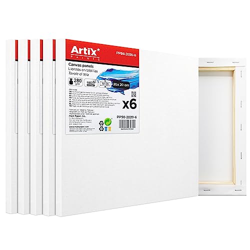 ARTIX   Set de 6 Lienzos para Pintar 20x20x1.5 cm, Paneles Imprimados, 100% Algodón, Lienzos Preestirados para Pintura Acrílica, Con Bastidor de madera, para Artistas Profesionales o Principiantes