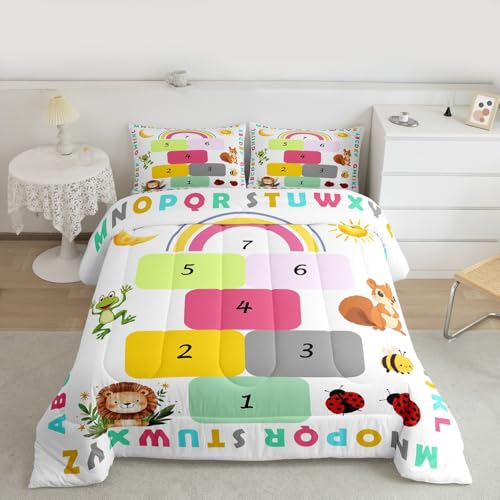 Image of Feelyou Kids Educational Comforter Set All Season Alphabet Bedding Set with 2 Pillow Cases Learning Alphabet Microfiber Kids Full Bedclothes Numbers Bedroom Decor Duvet Quilt Soft Lightweight