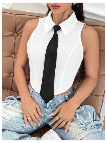 SOLY HUX Women's Button Down Sleeveless Crop Shirts Summer Tank Top Cropped Blouse with Matching Tie3