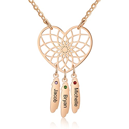 Jeweidea Collier Femme Pierres de Naissance Gravure Personnalisée 2-5 Noms Attrape Rêve Coeur Pendentif Argent Collier Mère Bijoux Cadeau pour Femme Fête des Mères Anniversaire (3 noms-r) Cover
