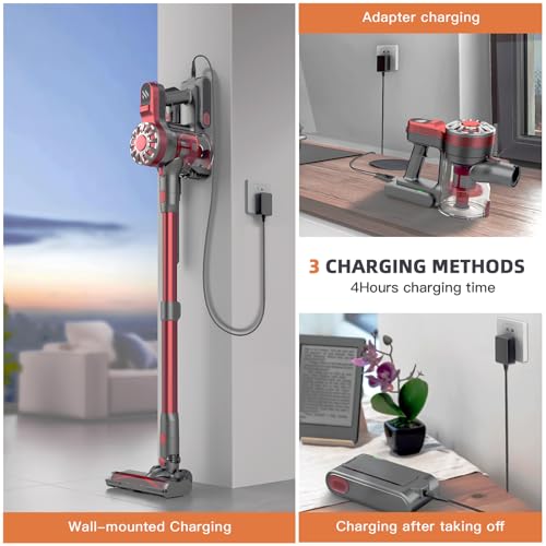 Image of Cordless Vacuum Cleaner for Home,Lightweight Stick Vacuum Cordless Rechargeable with Power Suction, Up to 35 Mins Runtime, Hardwood Floor Vacuum for Pet Hair,Carpets,Tile(Black Red)