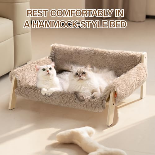 MEWOOFUN Erhöhtes Katzenbett Sofa aus Holz, 56x45cm robust großes Katzensofa – modischer Katzenstuhl mit abnehmbarem Matratzenbezug Belastbar mit 10 kg (Braun, 70x53cm)