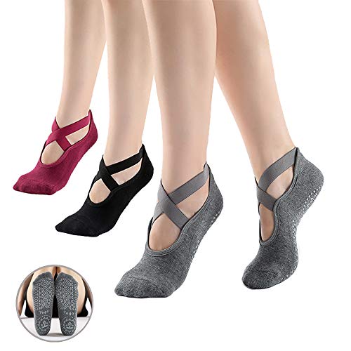 Luckynono Calcetines Antideslizantes de Yoga para Mujer, 3 Pares Pilates Calcetines Antideslizantes Mujer pour Yoga, con Asas y Correas, Utilizar para Barre, Fitness Antideslizantes Calcetines