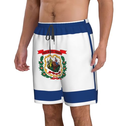 West Virginia State Flag Print Men's Quick Dry Swim Board Shorts, Summer Beach Trunks Bathing Suits with Pocket2