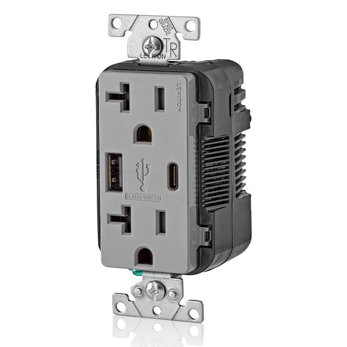 Image of Leviton Type A & Type-C USB In-Wall Charger with 20A Tamper-Resistant Outlet, USB Charger for Smartphones and Tablets. Not for Laptops, T5833-GY, Gray