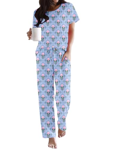 Image of Ekouaer Pajama Sets for Women Round Neck Pjs Short Sleeve Sleepwear with Long Pants Loose Lounge Sets