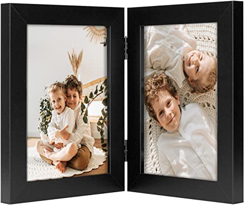 Golden State Art, 12,7 x 17,8 cm großer Doppelscharnier-Bilderrahmen, zwei Fotorahmen, für Hochzeit, Familienbilder, Collage (schwarz, doppelt, 12,7 x 17,8 cm) Cover