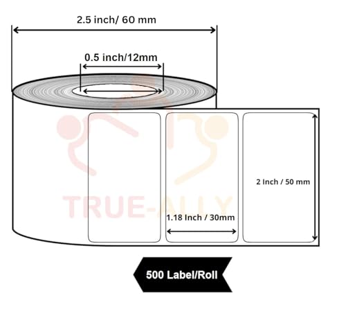 Image of True-Ally 50x30 Direct Thermal Sticker (0.5 inch Core) Barcode MRP Sticker Labels - 500 Labels /Roll Designed for Small Thermal Printers (60 mm Dia) (2 Rolls Per Pack (1000 Labels))