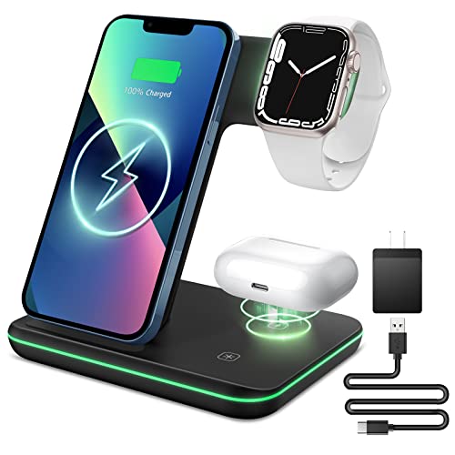 Liwin Wireless Charger, 3 in 1 Qi-Certified 15W Fast Charging Station Compatible with Apple Watch 7 SE 6 5 4 3 2, iPhone 13/13 Pro/12/11/11 Pro/8/X, AirPods Pro 3 2, for Samsung S21 S10 S9 S8, Black
